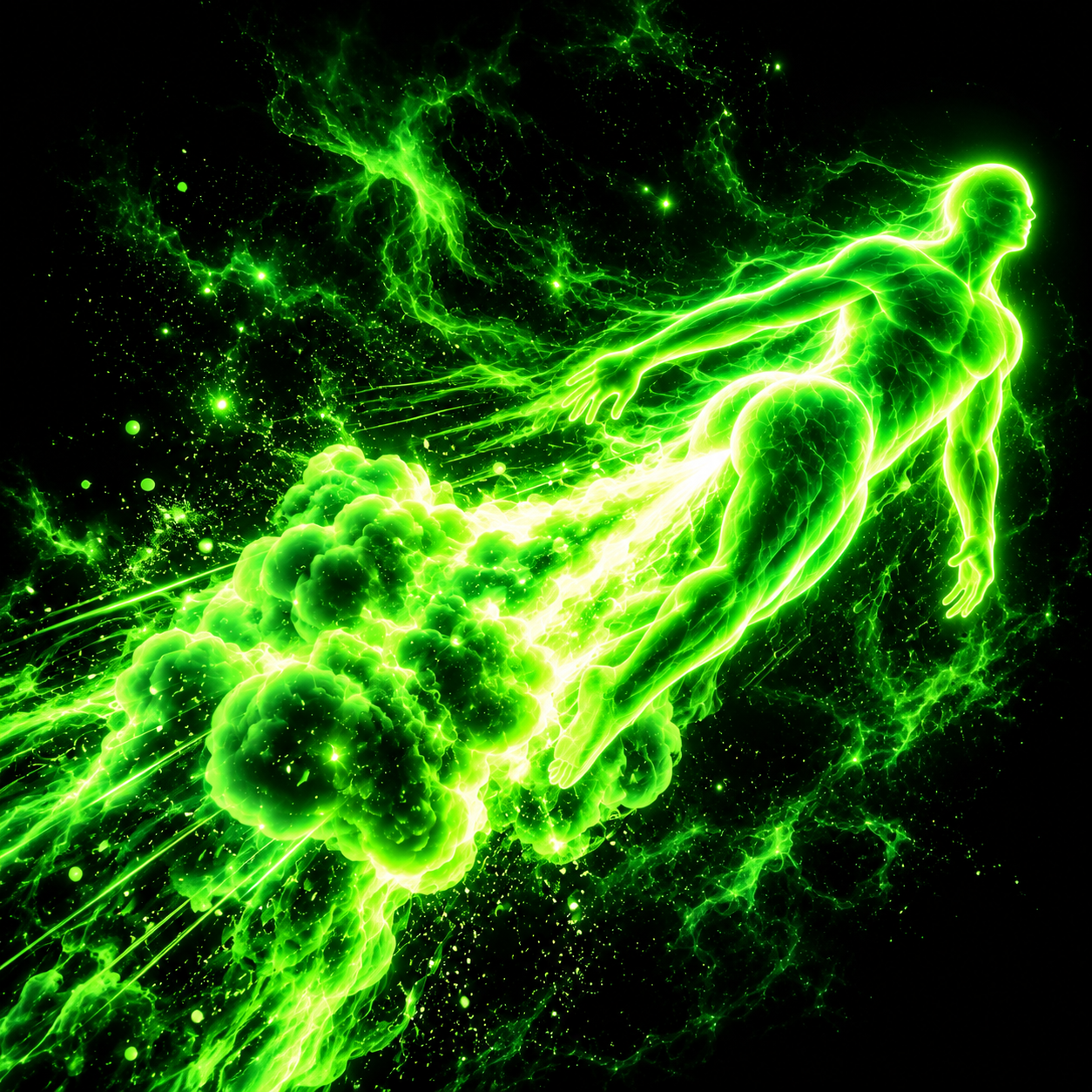 Luminous humanoid of neon-green energy accelerating forward on a plume of gas